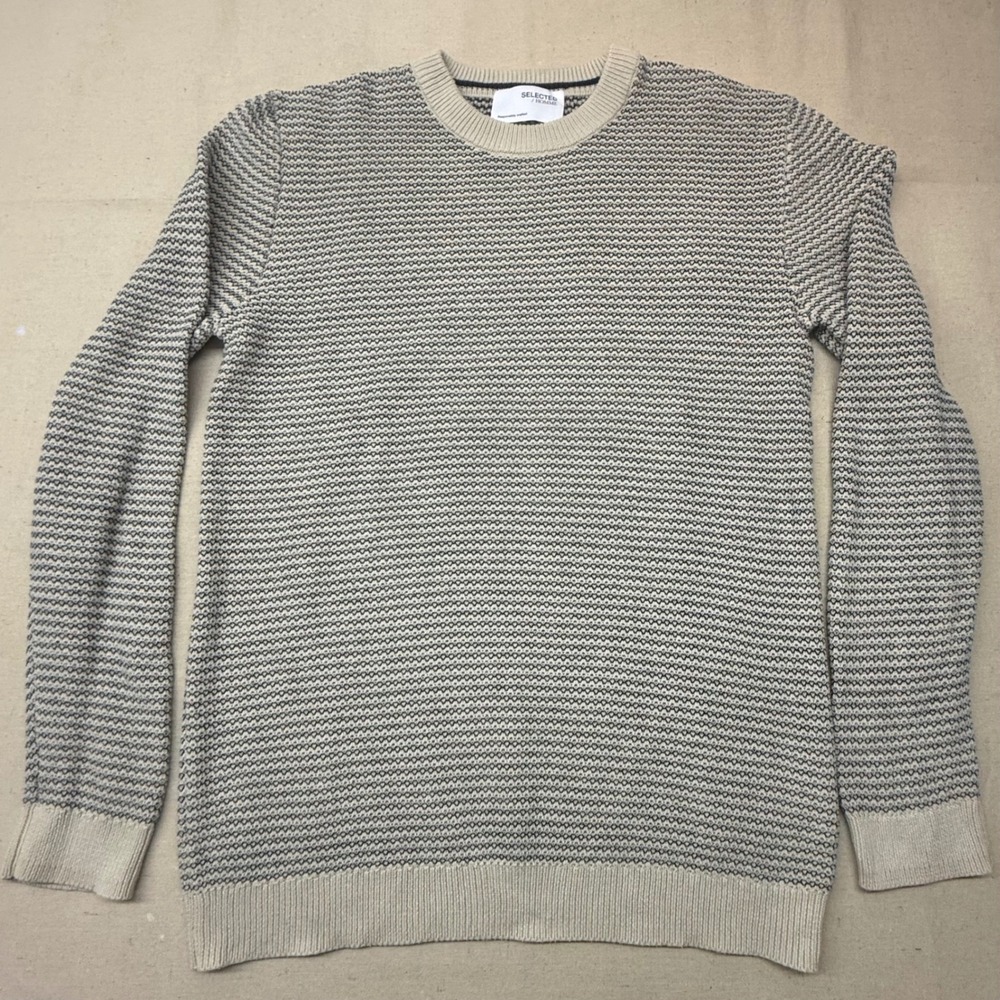 Selected Homme Mens Tan Navy Blue Organic Cotton Crew Neck Sweater 16079961